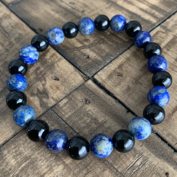 Onyx & Lapis Lazuli Chakra Stretch Bead Bracelet - Picture 2 of 4